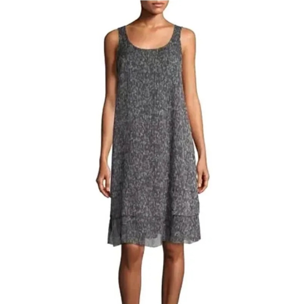 Eileen Fisher Silk Layered Hem Tank Midi Shift Dress Black Textured Size L